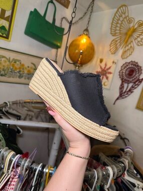 Black Frayed Espadrille Wedge Slide - Women